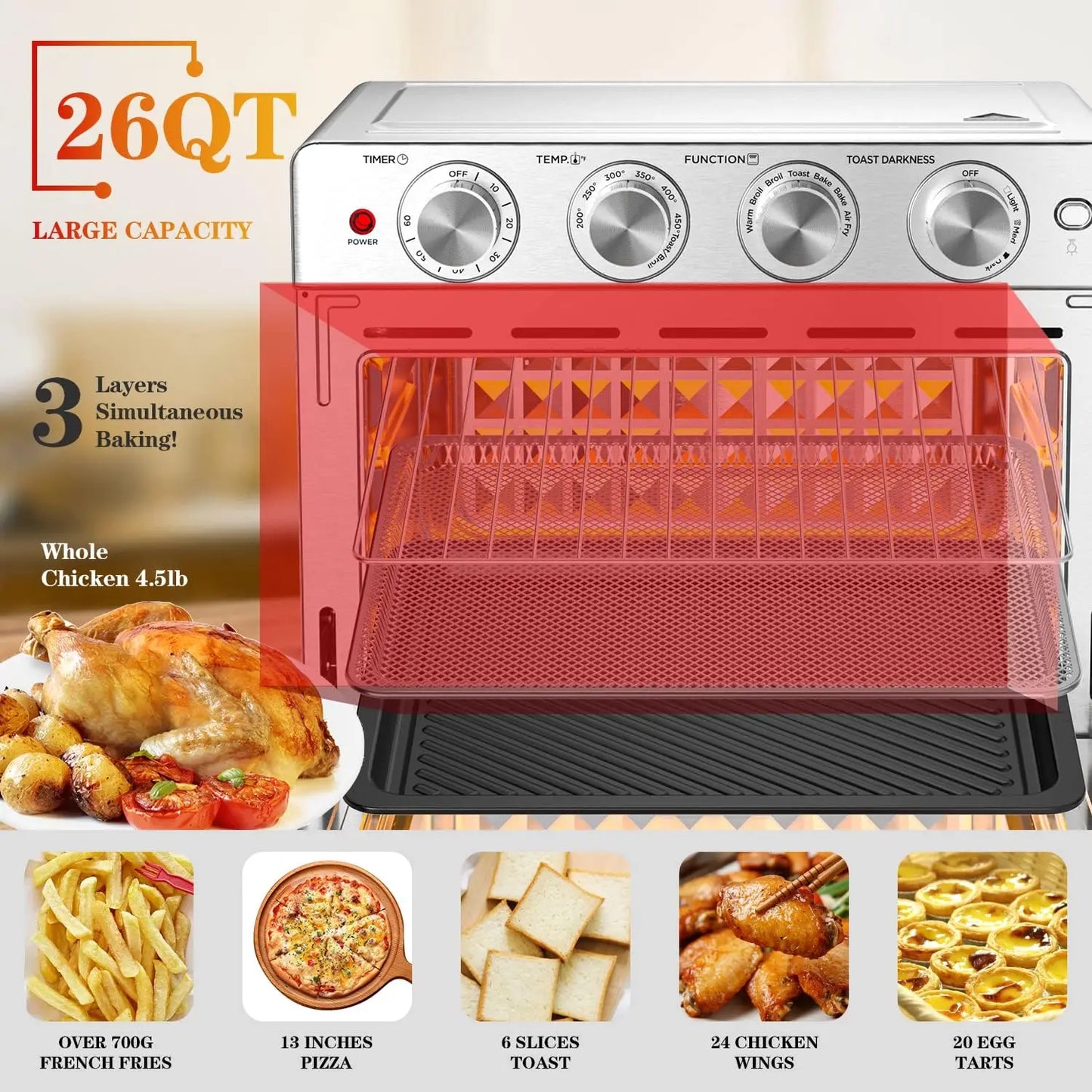 Chef Air Fryer Oven 26 QT, Big Air Fryer, Toast Oven with Bake, Roast, Pizza, Convection Oven, Easy to Use & Clean, 6 Slice Toas