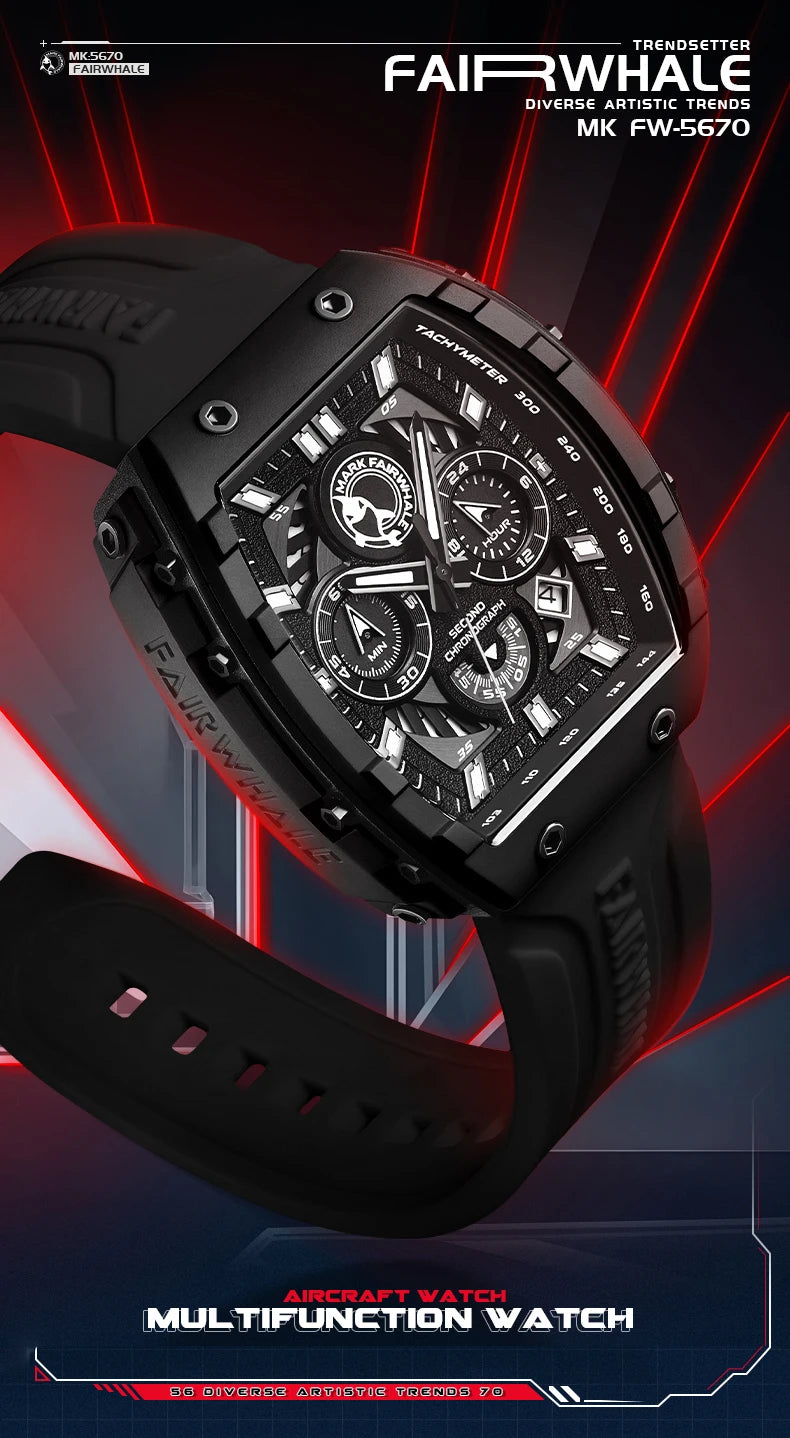 Luxury Watch Mens Fashion Brand Mark Fairwhale Sports Silicone Strap Clock Tonneau Chronograph Quartz Wristwatch Boy Dropshiping