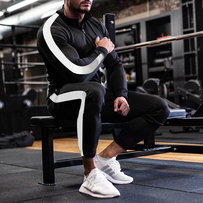 Men Two Peice Matching Striped Zipper Jacket & Trousers Sweat Suit