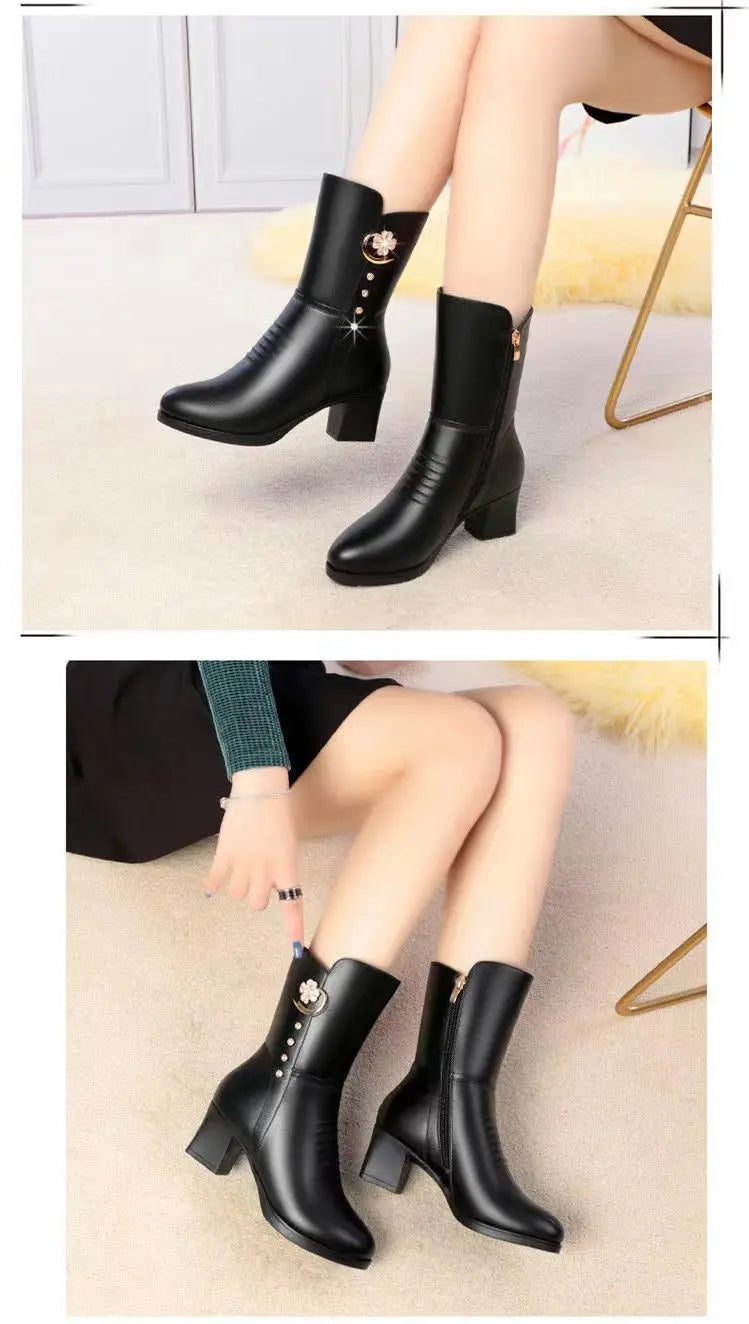 Soft Leather Ankle Boots for Women Spring Winter with Plush Warm Side Zipper Round Toe High Heel Lady Boots Casual Mom Shoes