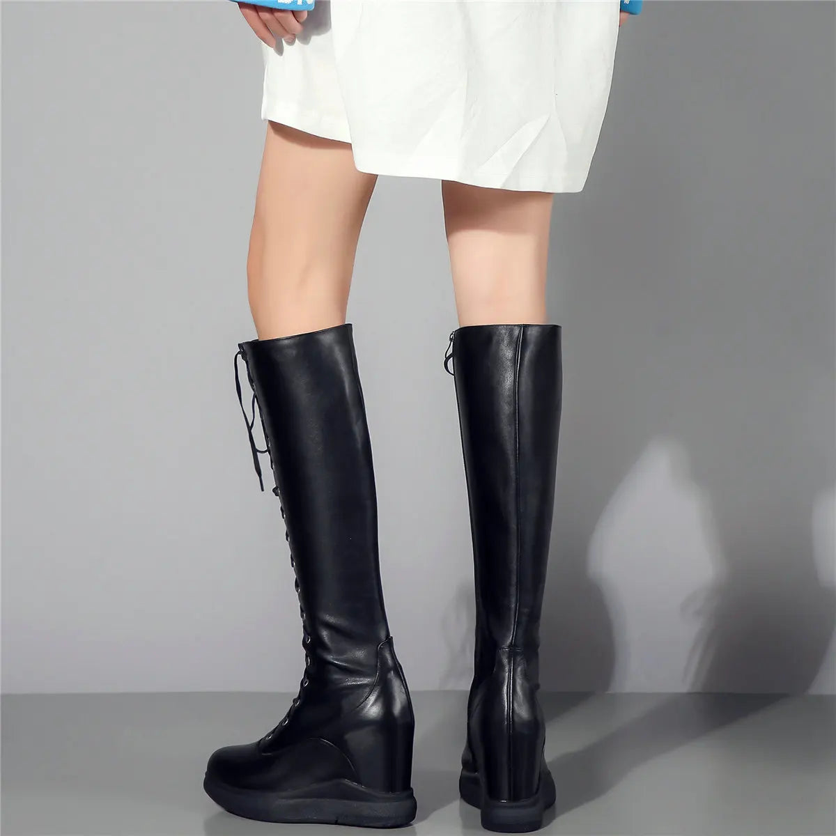 Winter Shoe Plus Size Shoes Women Genuine Leather Wedges High Heel Knee High Boots Female Round Toe Platform Pumps Big Size Shoe
