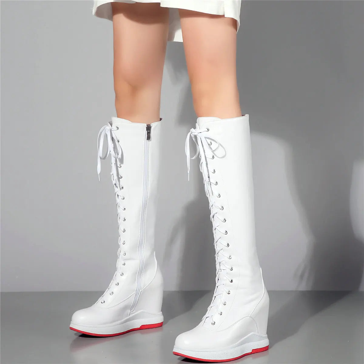 Winter Shoe Plus Size Shoes Women Genuine Leather Wedges High Heel Knee High Boots Female Round Toe Platform Pumps Big Size Shoe