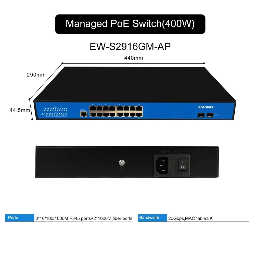 EWIND POE Switch 16/48 Ports 10/100/1000Mbps Full Gigabit Ethernet Switch Unmanagement AI Smart Switch outdoor home NVR