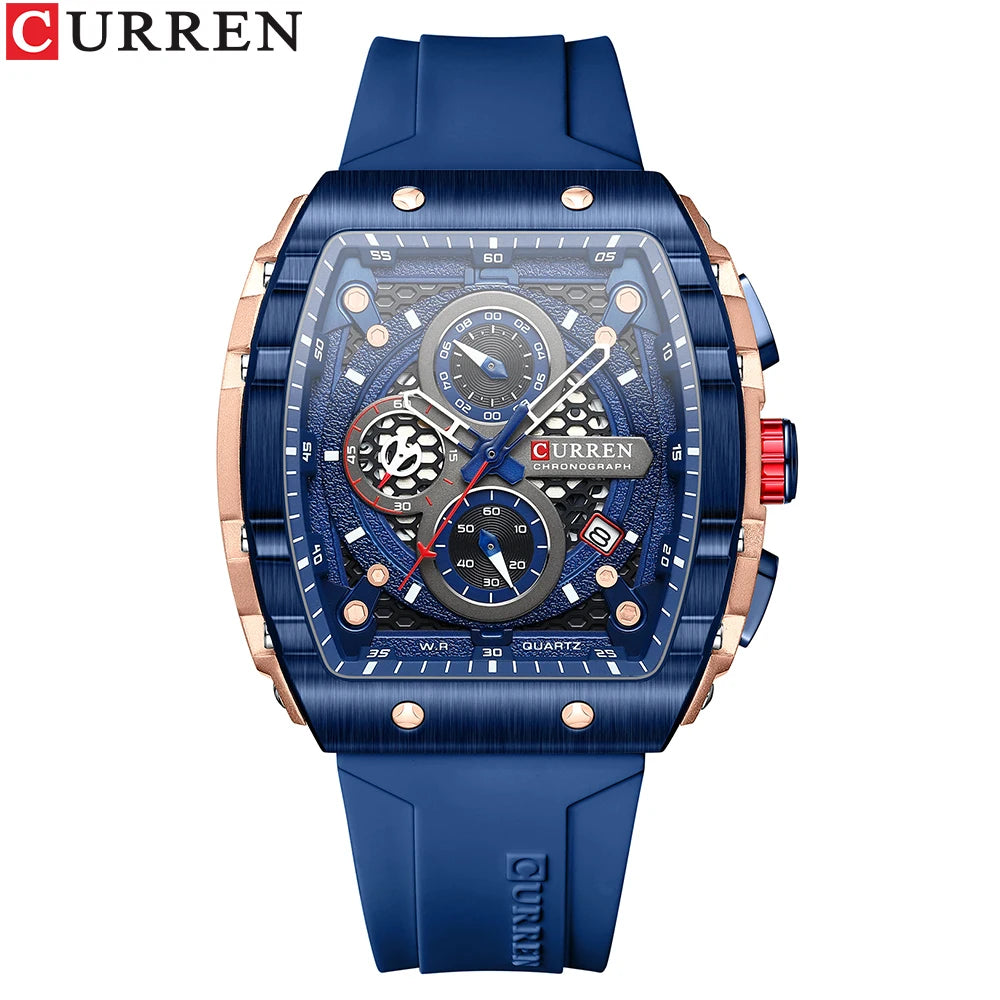 CURREN Fashion Sports Watches with Large Dial Unique RectangularHollow Design Quartz Wristwatches with Chrongraph Auto Date 8442