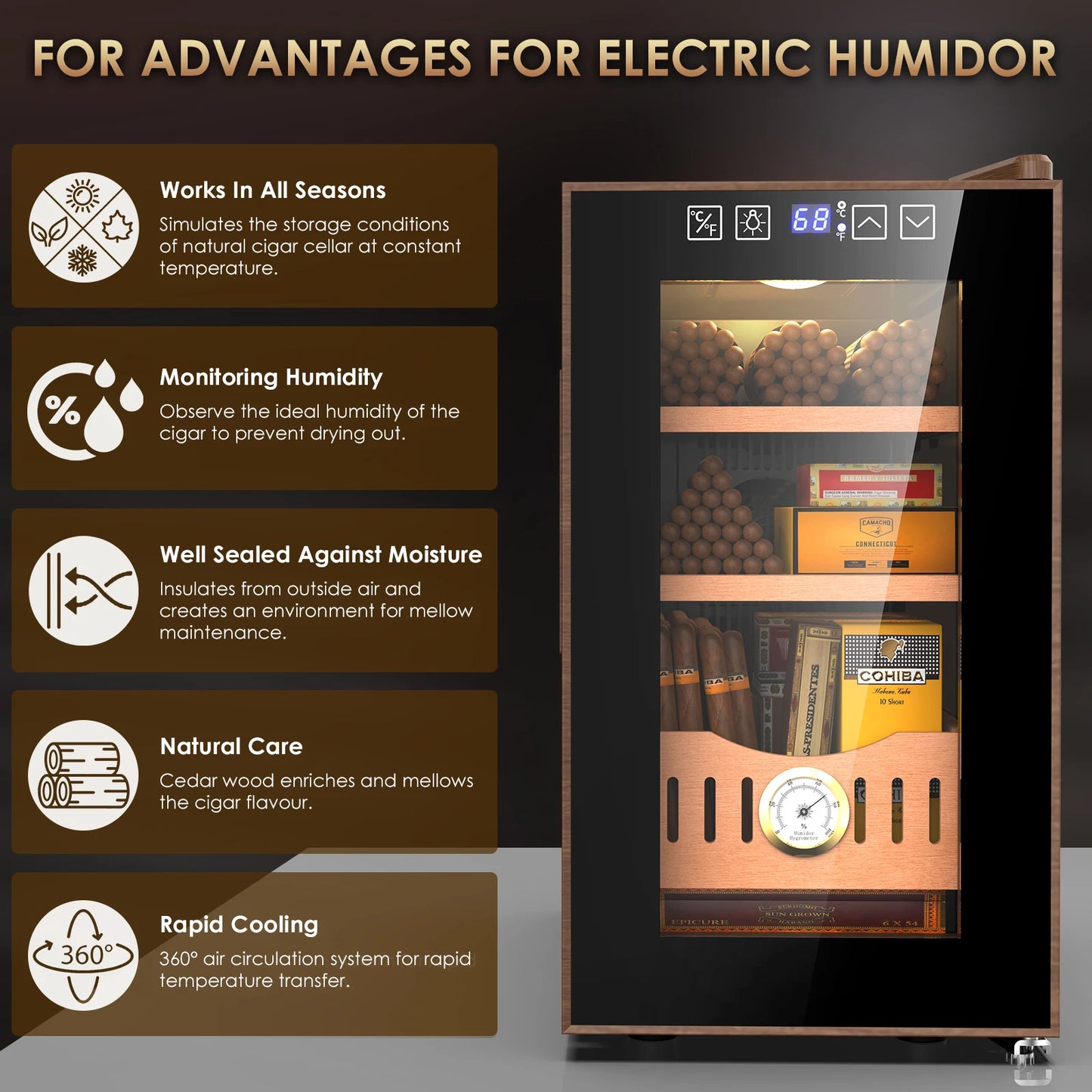 26L Thermostatic Electric Humidor 200 Counts Wooden Large Cigar Humidor Cooling and Heating Temperature Control Cigar Fridges