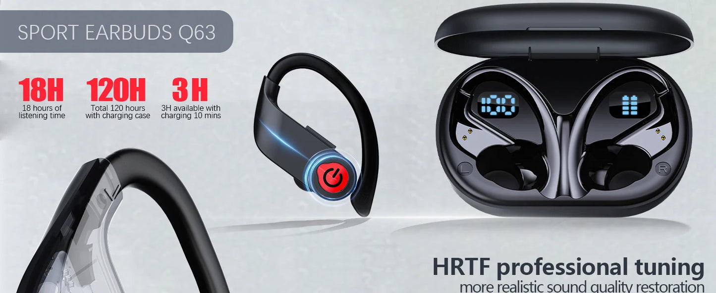 Wireless Earbuds 5.3 Bluetooth Headphones Sports Ear Buds with Earhooks 120H Playtime Wireless Headphones for Workout Waterproof