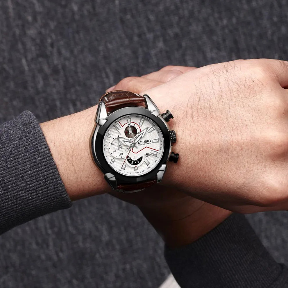 MEGIR Military Sport Watch for Men Top Brand Luxury Watches Leather Strap Quartz Wristwatch Man Clock Chronograph Reloj Hombre