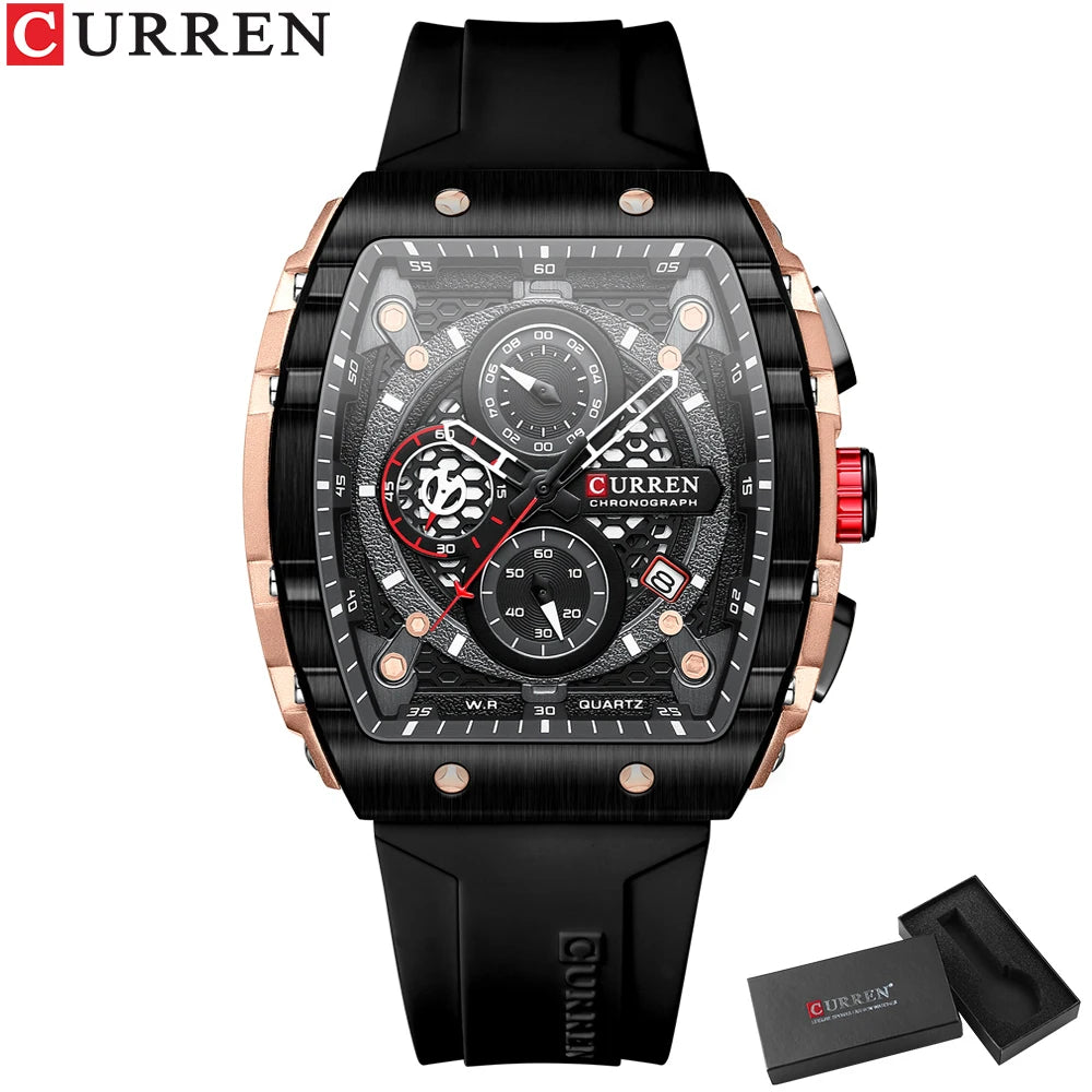 CURREN Fashion Sports Watches with Large Dial Unique RectangularHollow Design Quartz Wristwatches with Chrongraph Auto Date 8442