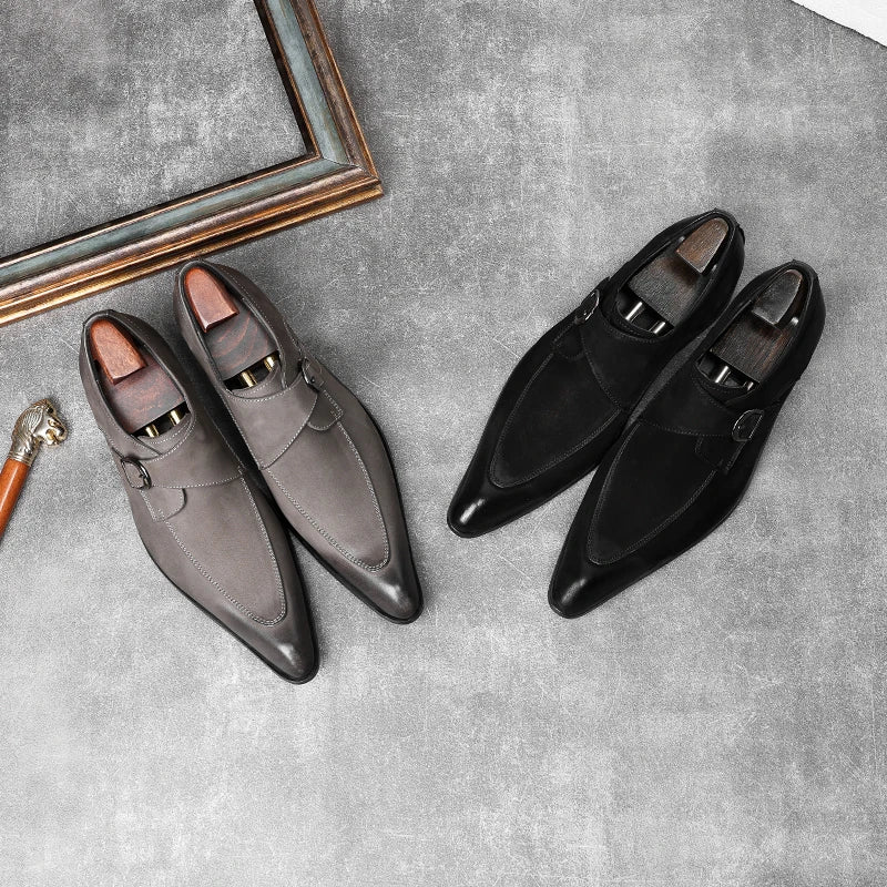 HKDQ Italian Slip On Men Dress Shoes Wedding Genuine Leather Men Oxford Shoes Monk Strap Black Grey Men Formal Loafers Men Suede