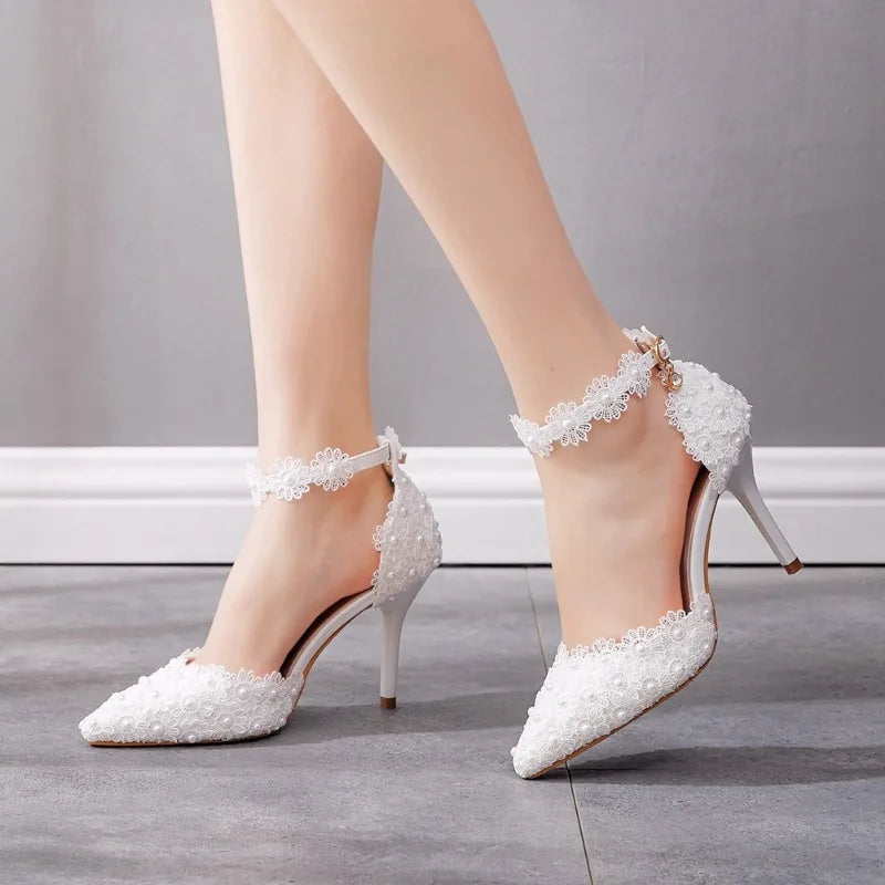 Women Shoes High Heels Pumps Buckle Strap Hollow Lace Pointed Toe Thin Heels 9.5CM Woman White Wedding Shoes Office Lady Dress