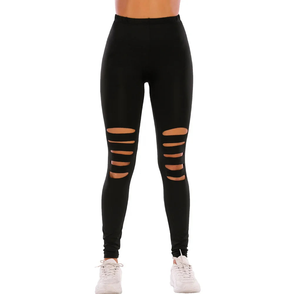 Black Solid Leggings Women Summer Sexy Hollow Out Hole Ripped Leggings Fashion Elastic Stretch Slim Casual Pants Skinny Trousers