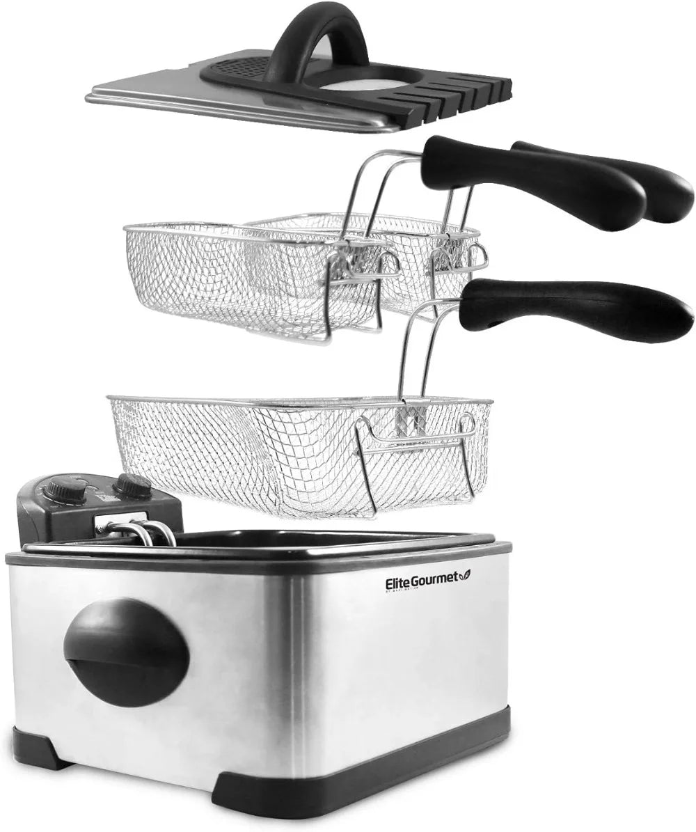 Electric Immersion Deep Fryer 3-Baskets, 1700W Timer Control, Adjustable Temperature,Set Adjustable Temperature and Timer Knob