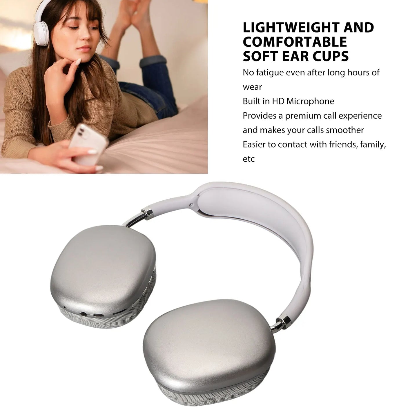 Bluetooth Headphone HiFi Deep Bass Built in Mic Support Memory Card Wireless Headset for Running Travel White