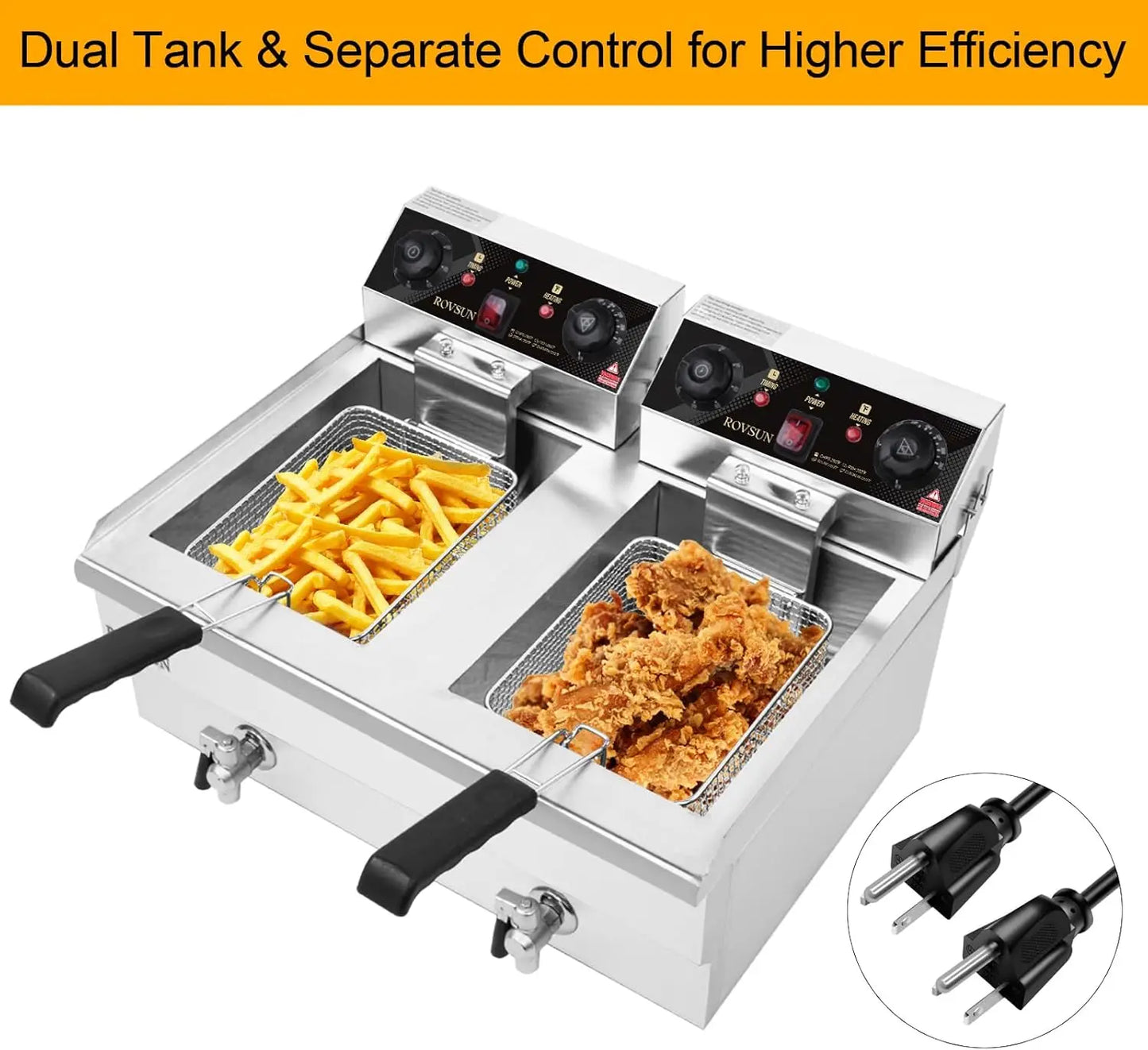 24.9QT Electric Deep Fryer w/Frying Baskets Timer Drains & Lids, 3400W Dual Tank Kitchen Countertop Commercial Deep Fryer