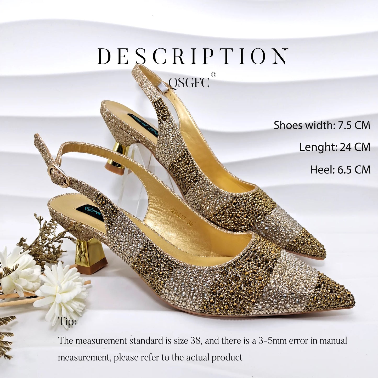 QSGFC INS 2024 Gold Color Elegant Women Heels Shoes and Bag Set Hollow Rhinestones High Heels Wedges Shoes Matching Bag