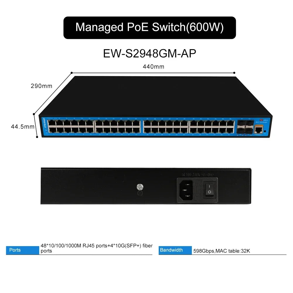 EWIND POE Switch 16/48 Ports 10/100/1000Mbps Full Gigabit Ethernet Switch Unmanagement AI Smart Switch outdoor home NVR