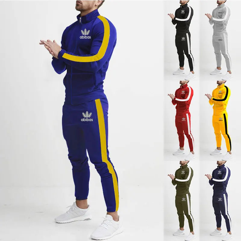 Spring And Autumn Men's Casual Sports Suit Striped Color-Matching Sportswear Stand Collar Zipper Jacket Trousers Two-piece Set