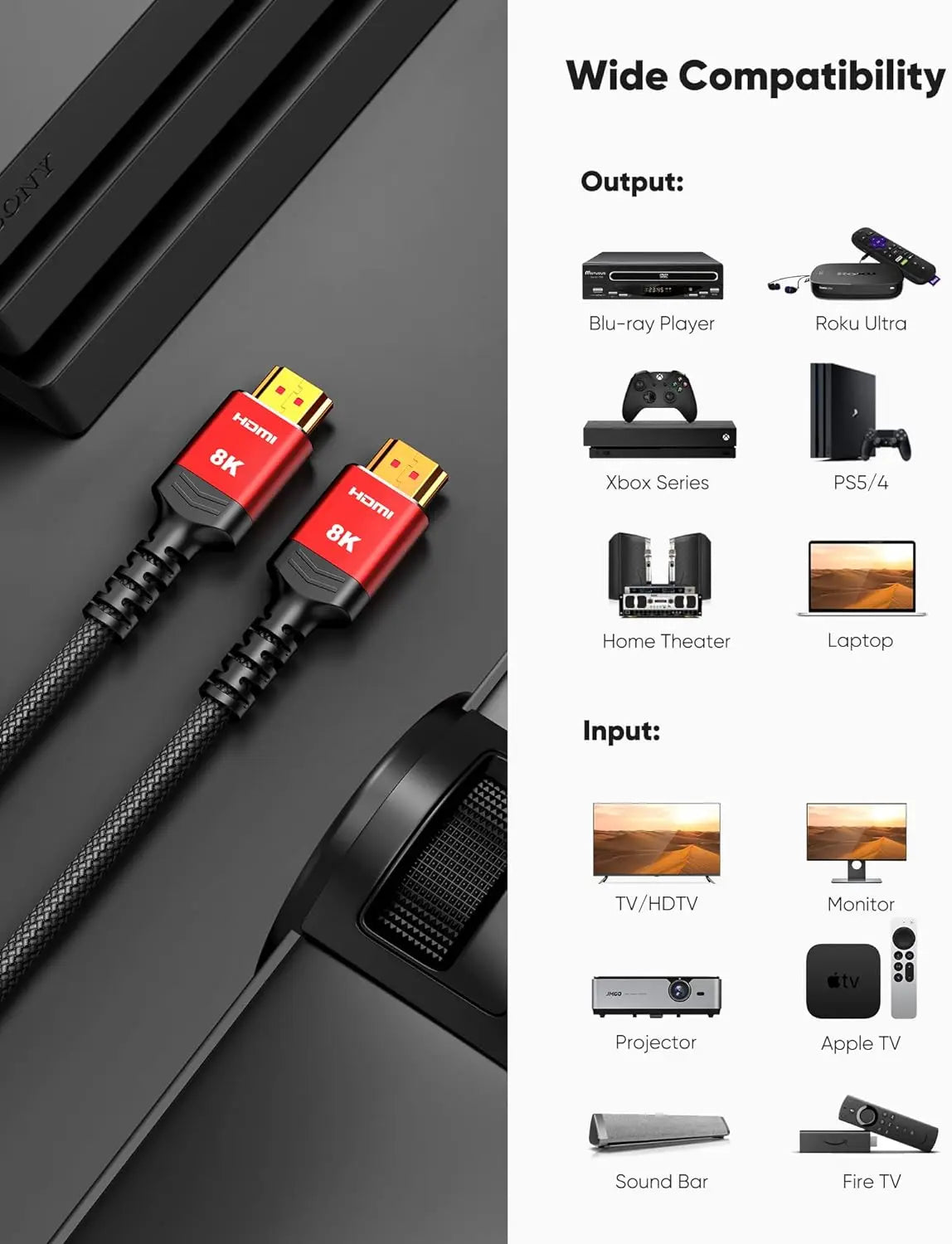 MIZIQIER 8K HDMI 2.1 Cable High Speed 48Gbps HDMI Braided Cord-8K60Hz 4K120Hz Compatible for PS5/PS4/X-Box/Roku TV/HDTV/Blu-ray