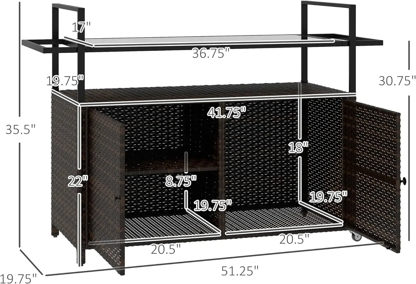 PE Rattan Outdoor Bar Table, Outdoor Kitchen Island w/2-Tier Shelf&Cabinet, Patio Serving Cart w/Glass Top, Handles, Towel Racks