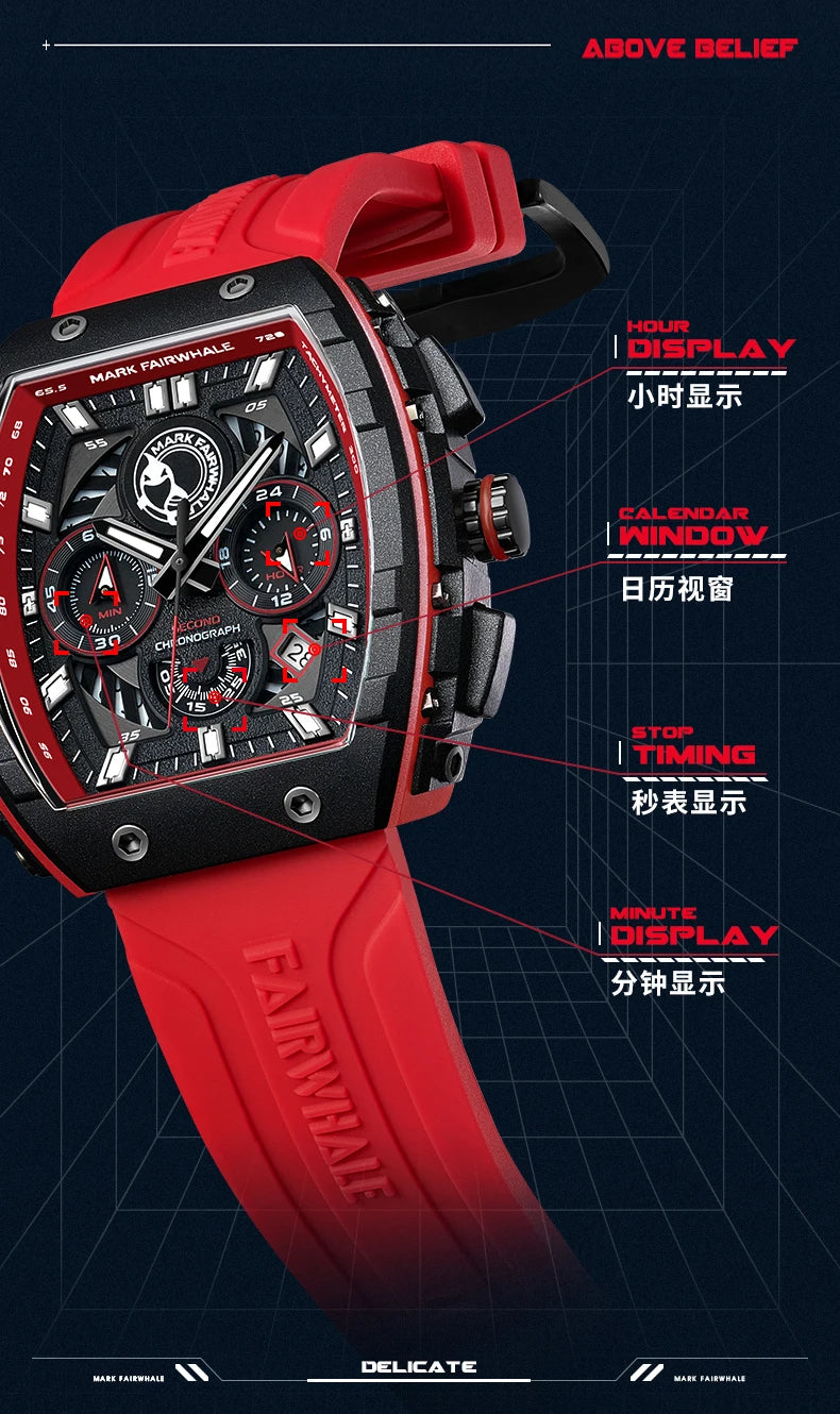 Luxury Watch Mens Fashion Brand Mark Fairwhale Sports Silicone Strap Clock Tonneau Chronograph Quartz Wristwatch Boy Dropshiping