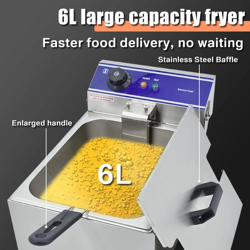 Electric Deep Fryer Countertop Stainless Steel Deep Fryer W/ Temperature Control Single Large Tank French Fries