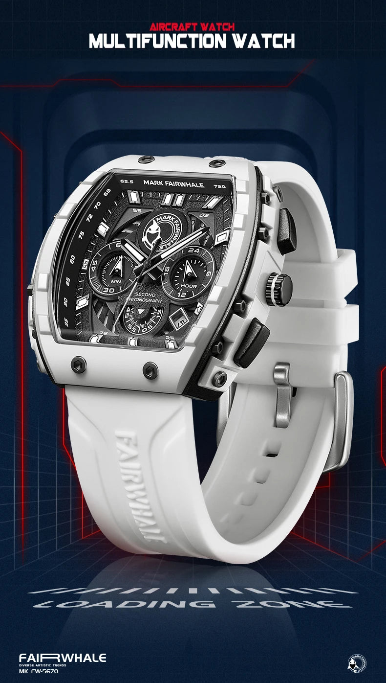 Luxury Watch Mens Fashion Brand Mark Fairwhale Sports Silicone Strap Clock Tonneau Chronograph Quartz Wristwatch Boy Dropshiping