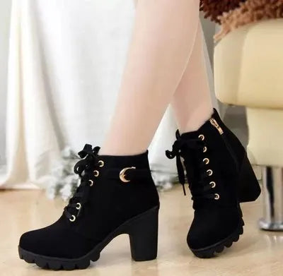 Winter High Heeled Women Boots Cross Straps Short Boots Comfortable Waterproof Boots Warm Plus Size 42 Botas Femininas