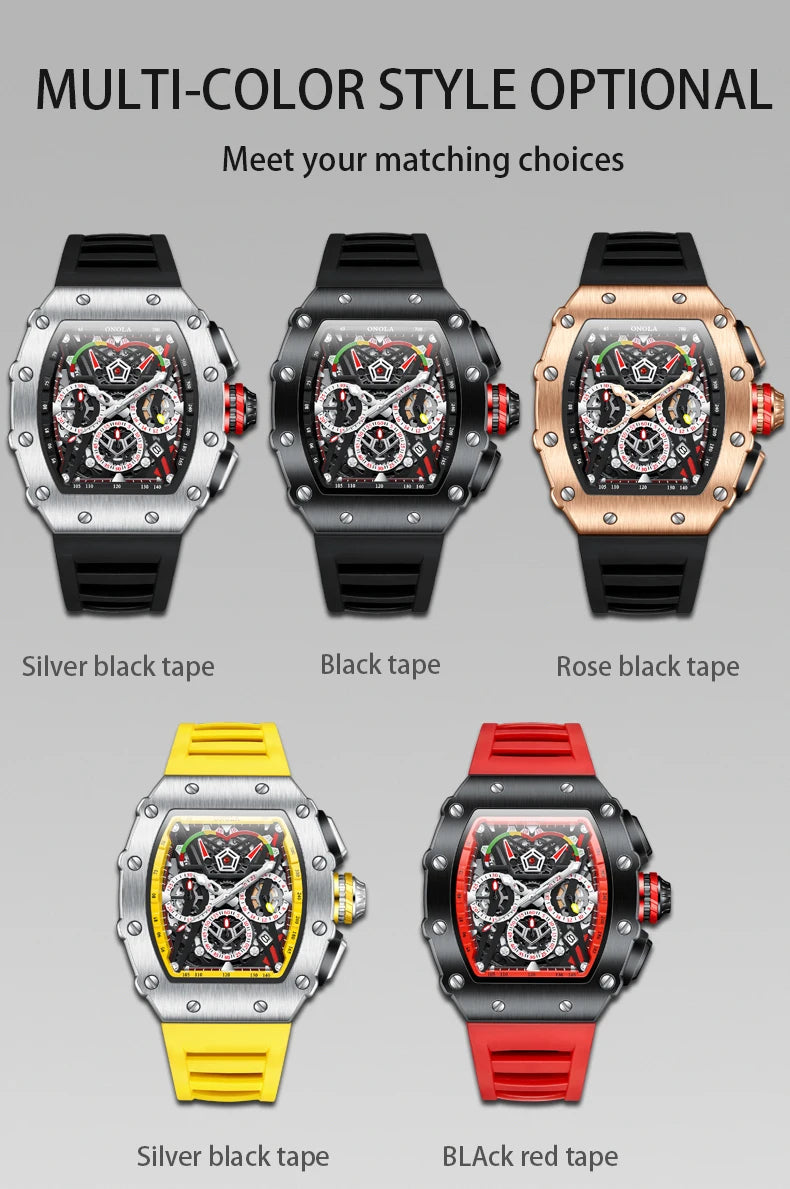 Fashion Watch For Mens Top Brand ONOLA Sports Silicone Strap Quartz Watches Auto Date Luxury Tonneau Clock Man Gift Dropshipping