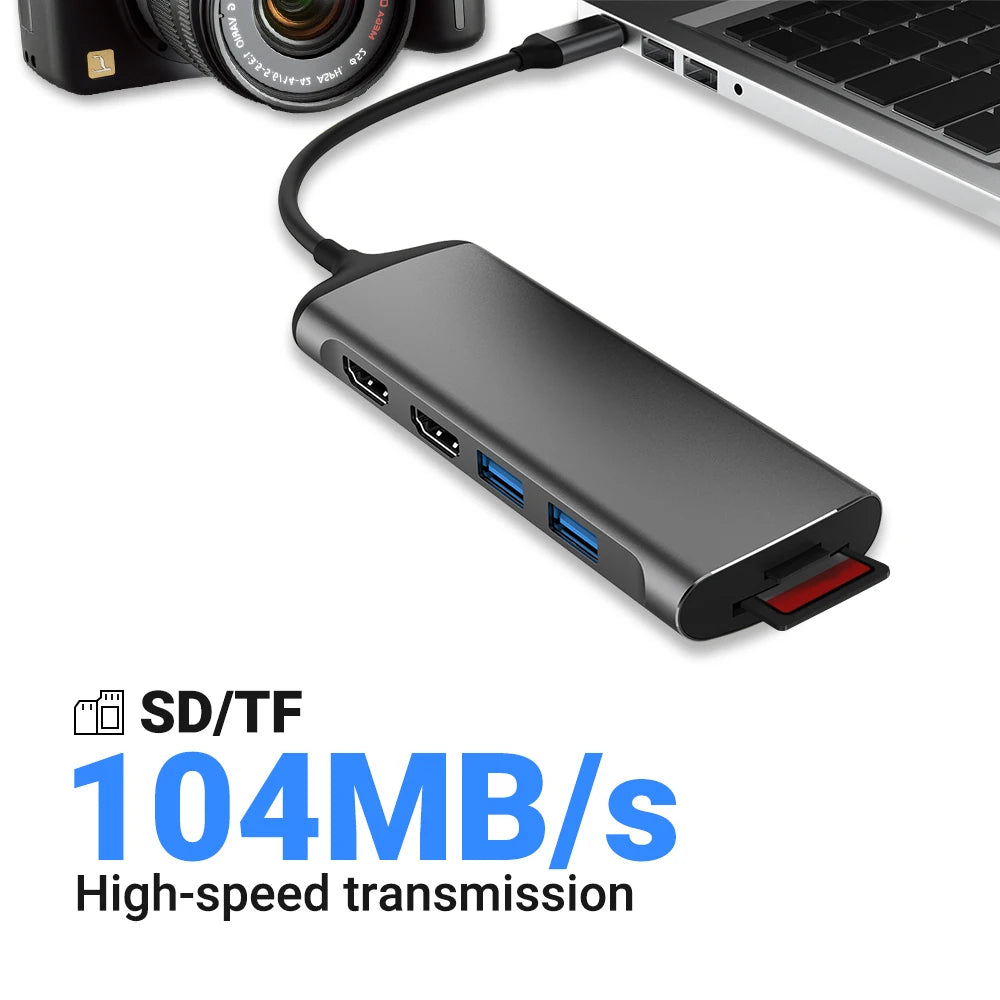 USB C Hub Docking Station 2 HDMI 4K 60HZ 100W PD SD TF Card Reader Adapter For MacBook Pro/Air Lenovo HP THunderbolt 3/4 Laptop