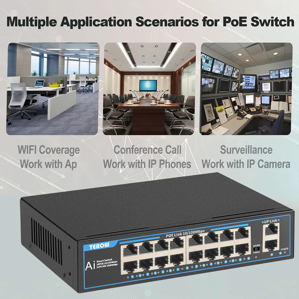 Terow Ethernet Switch POE Gigabit Switch 100Mbps RJ45 LAN Fast Network POE Switch 16 Port Ethernet Splitter for Wifi Router