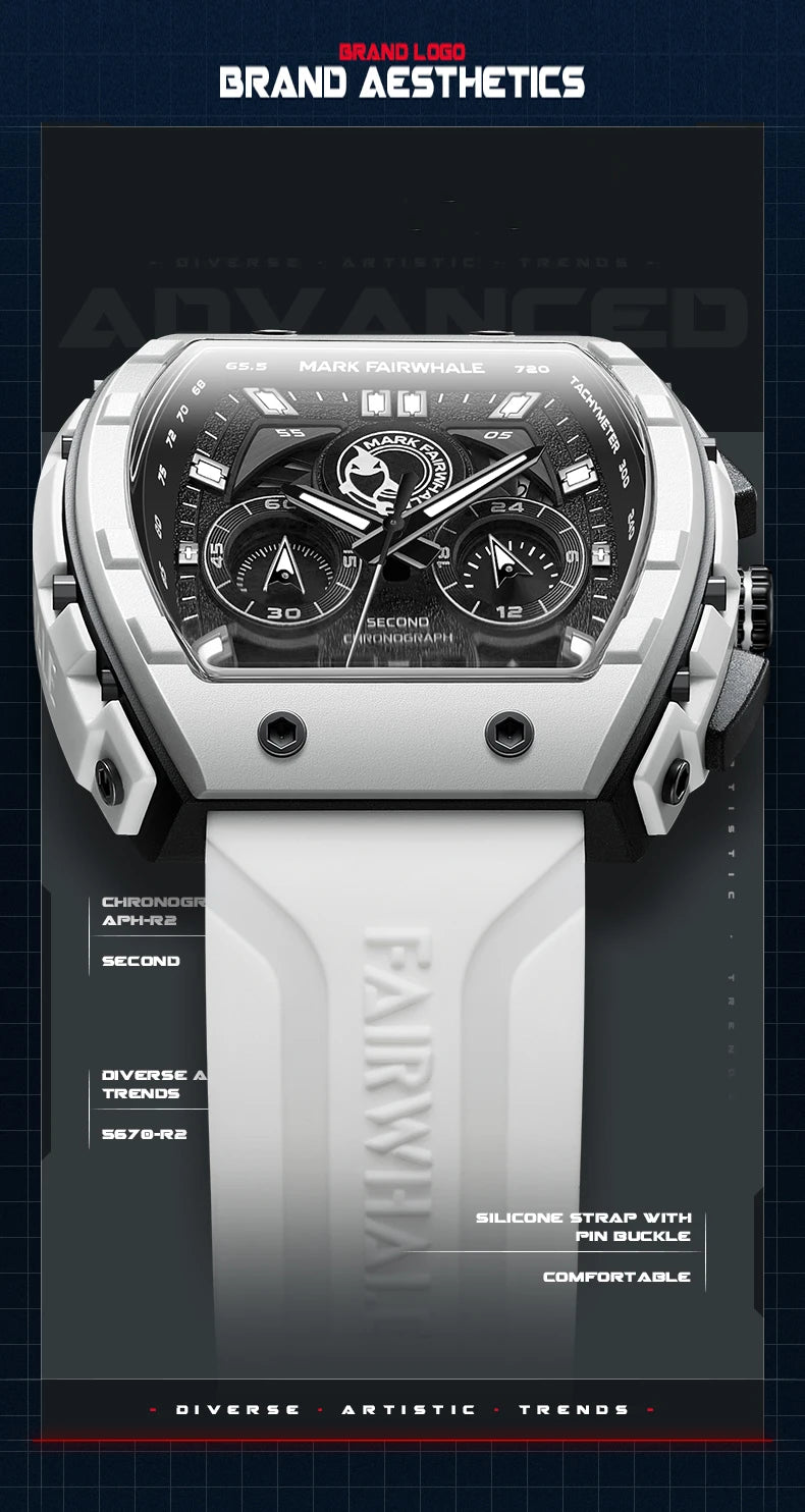 Luxury Watch Mens Fashion Brand Mark Fairwhale Sports Silicone Strap Clock Tonneau Chronograph Quartz Wristwatch Boy Dropshiping