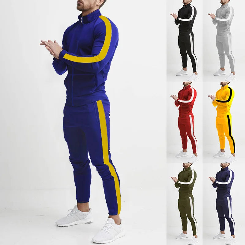 Men Two Peice Matching Striped Zipper Jacket & Trousers Sweat Suit
