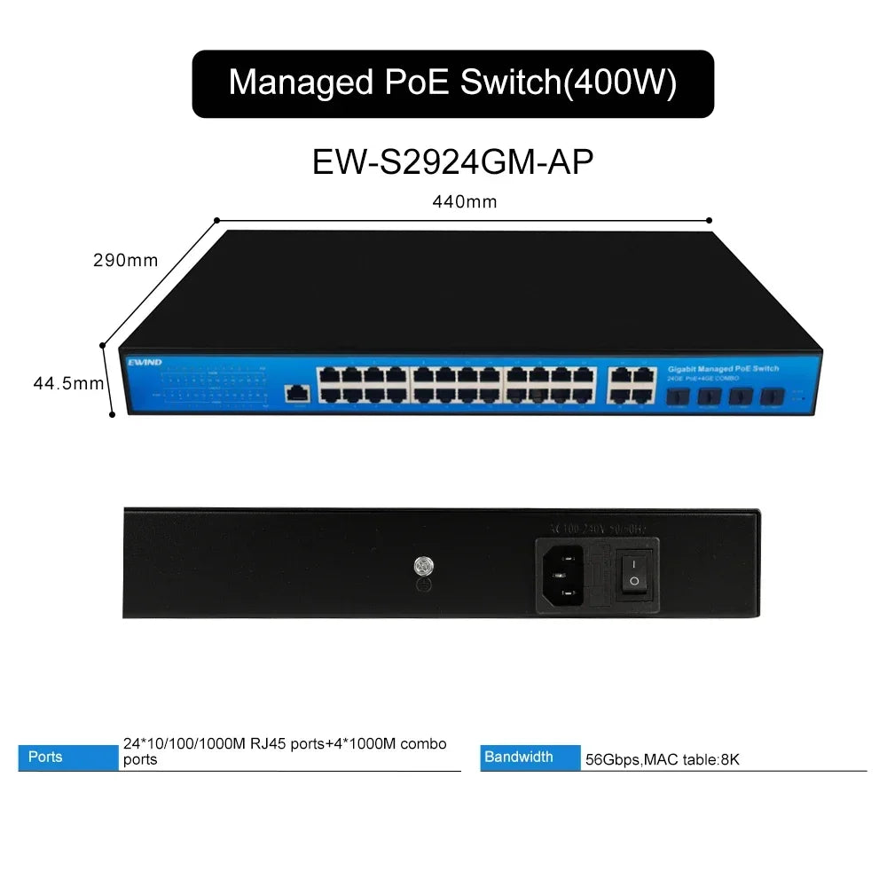 EWIND POE Switch 16/48 Ports 10/100/1000Mbps Full Gigabit Ethernet Switch Unmanagement AI Smart Switch outdoor home NVR
