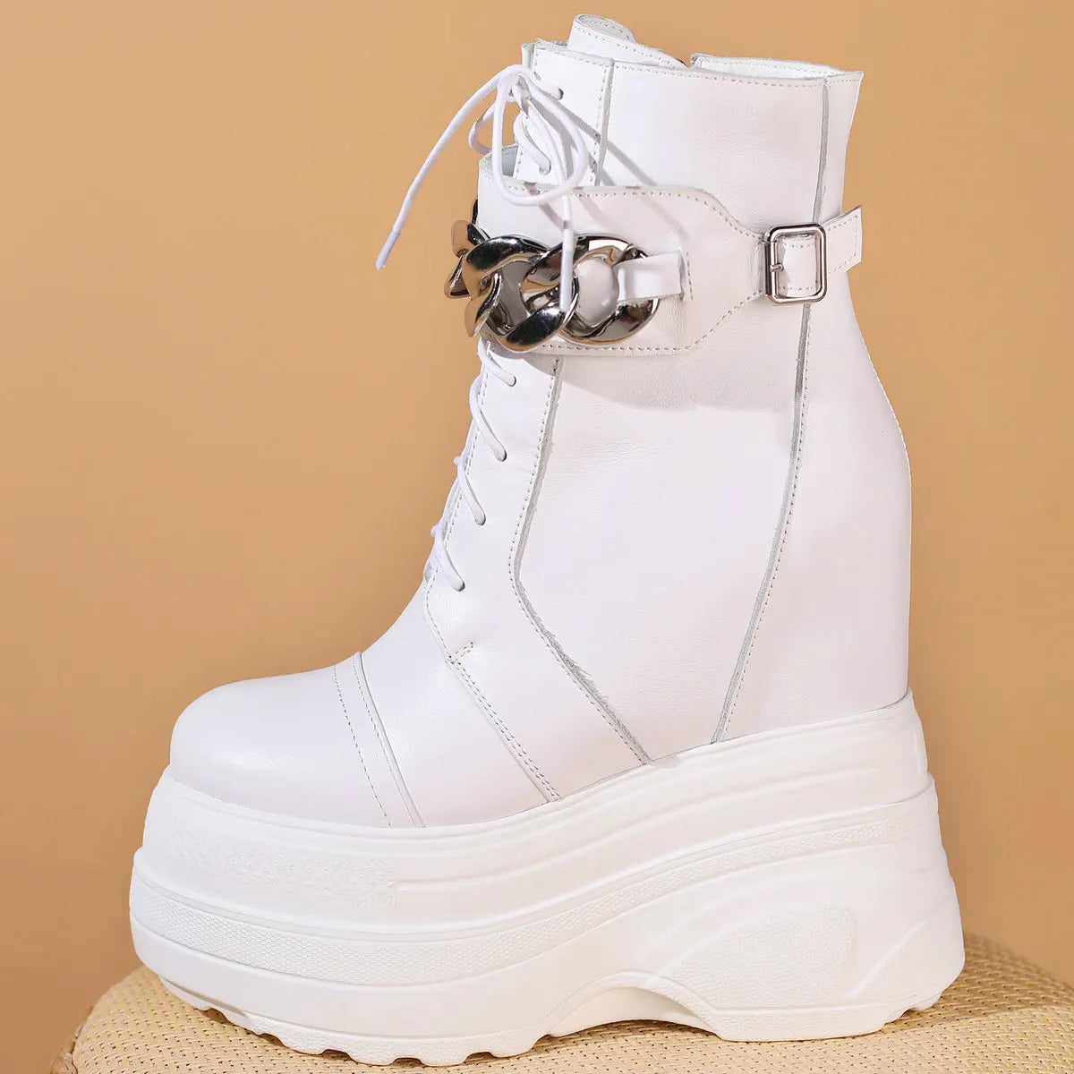 16cm High Heel Pumps Plus Size Shoes Women Genuine Leather Wedges Snow Boots Female Winter Round Toe Sneakers Big Size Shoes