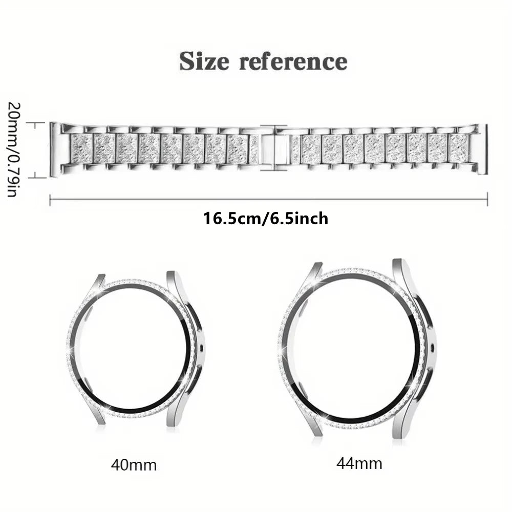 Rhinestone Watch Strap+PC Case For Samsung Galaxy Watch 7 FE 6 5 4 (44mm/40mm) Tempered Glass Protective Case Cover Metal Band