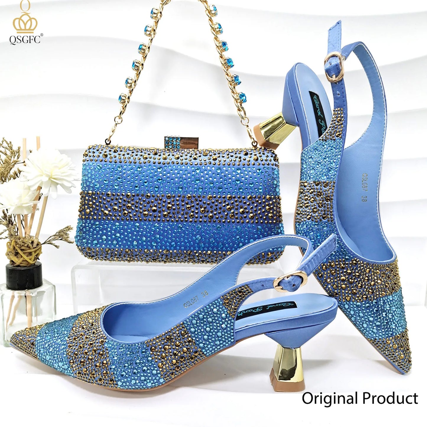 QSGFC INS 2024 Gold Color Elegant Women Heels Shoes and Bag Set Hollow Rhinestones High Heels Wedges Shoes Matching Bag