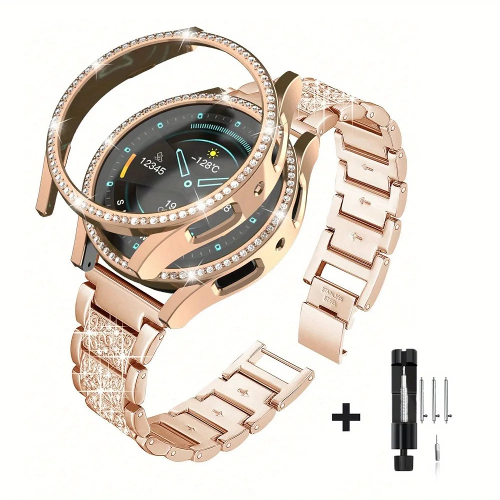 Rhinestone Watch Strap+PC Case For Samsung Galaxy Watch 7 FE 6 5 4 (44mm/40mm) Tempered Glass Protective Case Cover Metal Band