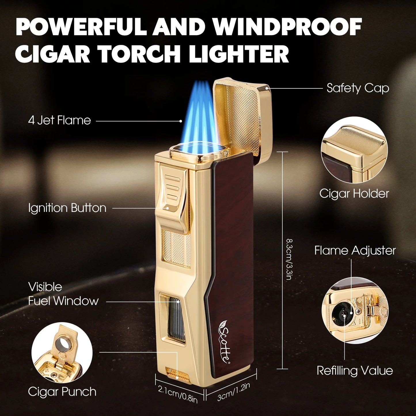 Scotte Cigar Humidor Box Cigar Lighter Cedar Wood Lined Leather Cigar Case Built in Hygrometer Humidifier with Cigar Holder Kit