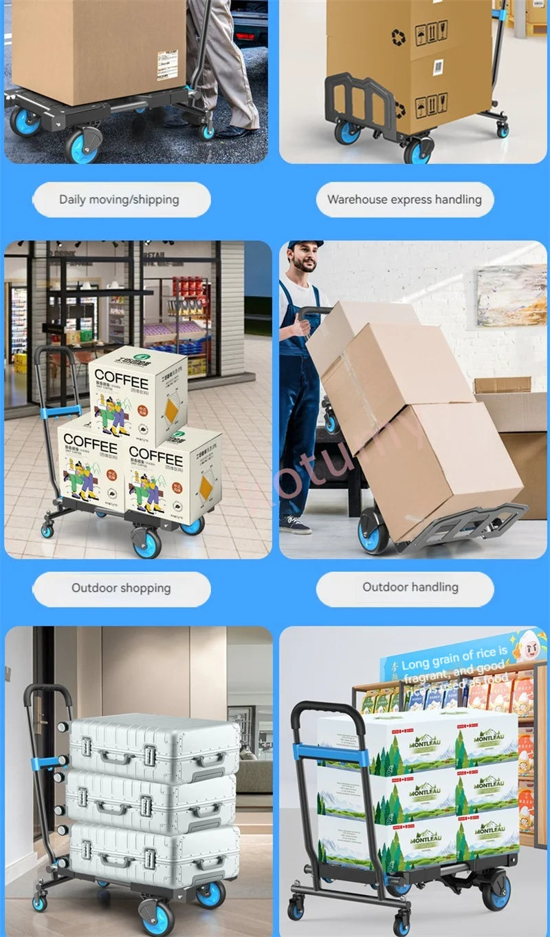 Multi-Position Folding Hand Truck,Four Wheel Luggage Cart 150kg,Pull Rod Adjustable Length,Four Wheel,Outdoor Camping Wagon