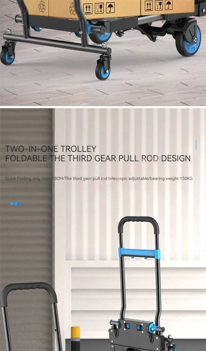 Multi-Position Folding Hand Truck,Four Wheel Luggage Cart 150kg,Pull Rod Adjustable Length,Four Wheel,Outdoor Camping Wagon