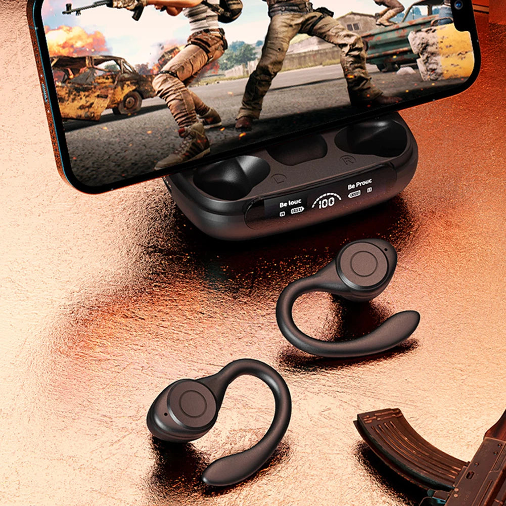 Wireless Bluetooth Headset Ear Hook Sports HiFI Stereo Headphones Waterproof Headset Noise Reduction LED Display Running Earbuds