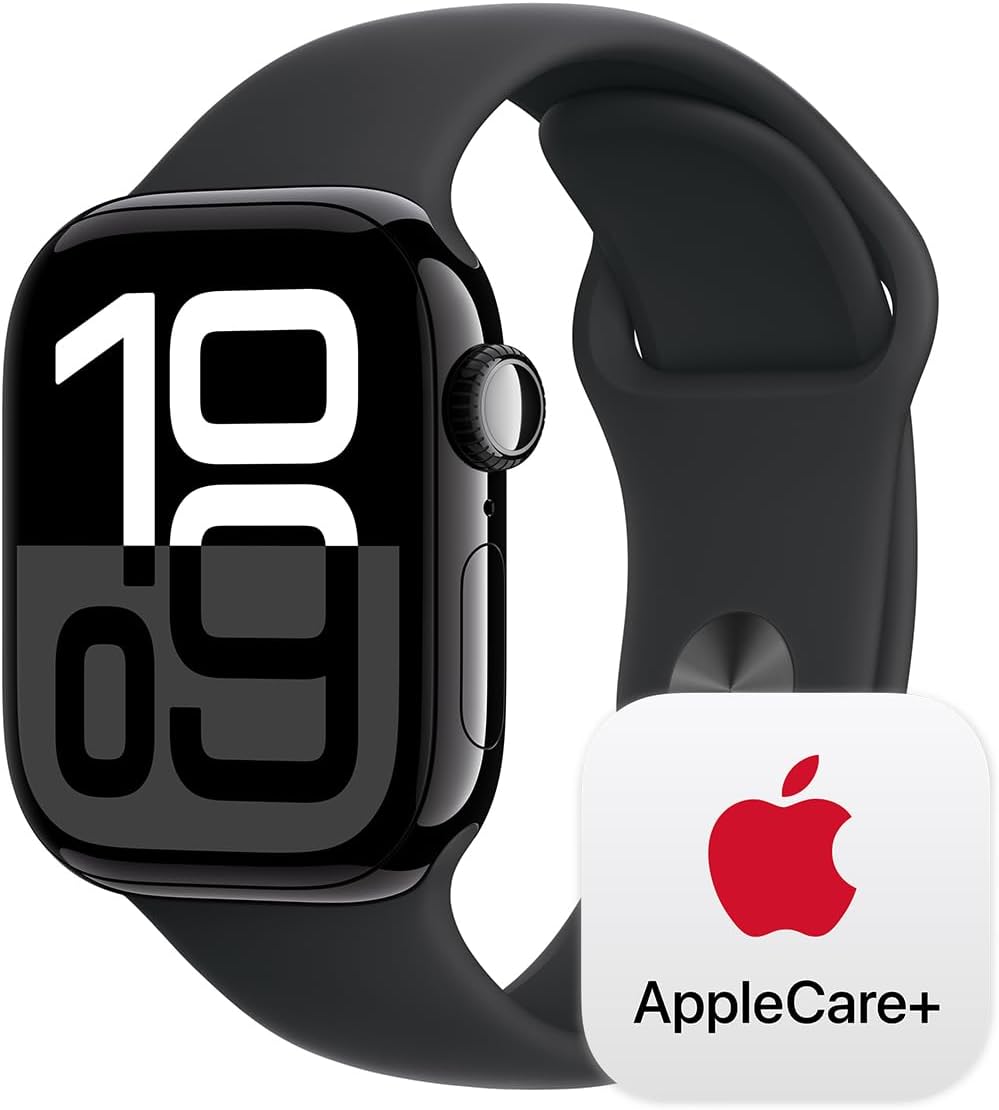 Apple Watch Series 10 [GPS 46mm case] Smartwatch with Jet Black Aluminium Case with Black Sport Band - M/L. Fitness Tracker, ECG App, Always-On Retina Display, Water Resistant