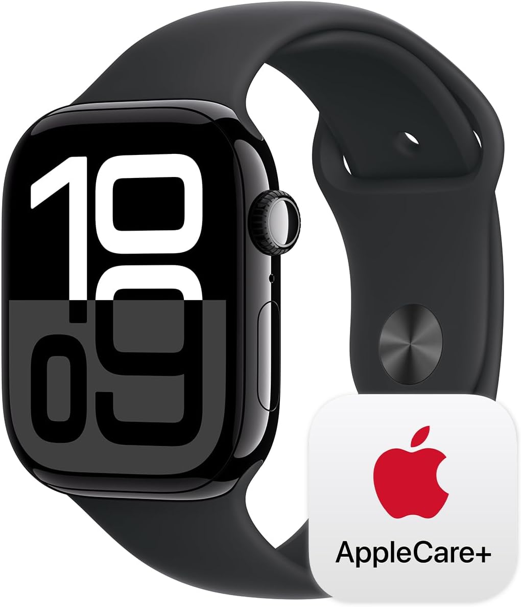 Apple Watch Series 10 [GPS 46mm case] Smartwatch with Jet Black Aluminium Case with Black Sport Band - M/L. Fitness Tracker, ECG App, Always-On Retina Display, Water Resistant