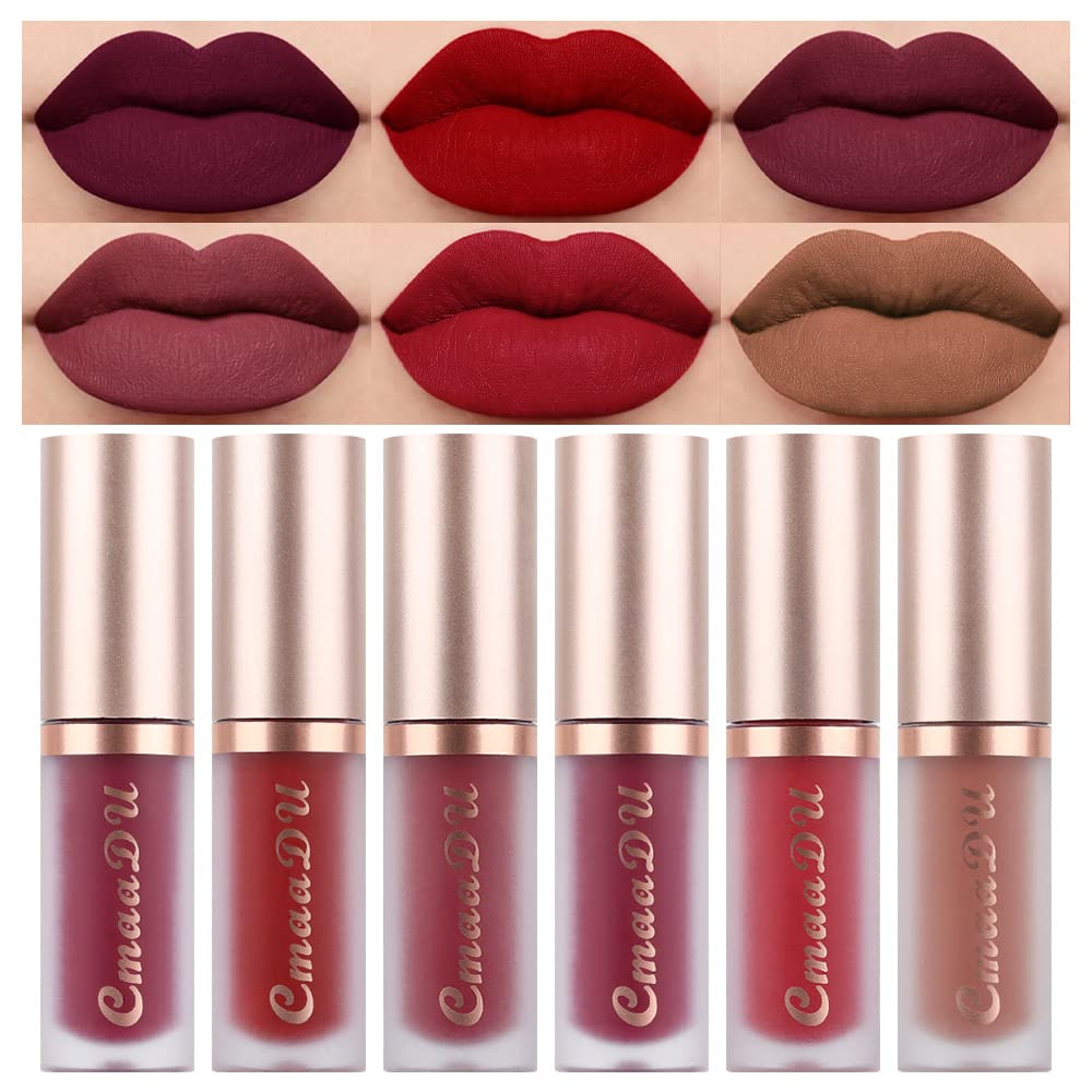 evpct 6Pcs Lipstick Matte Liquid Lipstick Lipgloss Set for Women, Dark Deep Bright Ruby Sexy Brick Red Mauve labiales mate 24 horas originales matte larga duracion 24 Hour Lipstick Long Lasting