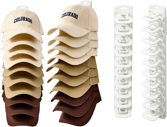 Hat Organizer for Wall, 2 Pack Adhesive Hat Rack for Baseball Caps, No Drilling or Wall Mount Cap Holder with Hooks, Over the Door Hat Storage Organizer for 20 Caps, Closet Storage White