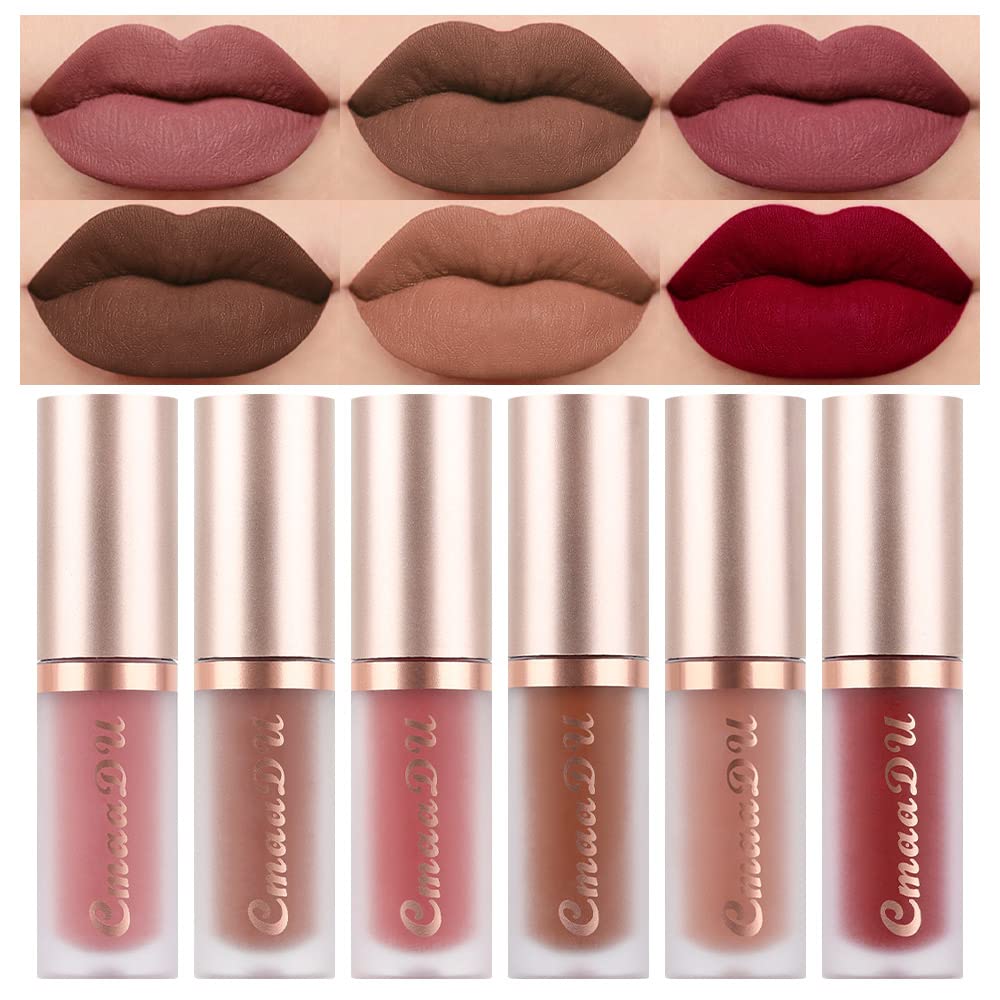 evpct 6Pcs Lipstick Matte Liquid Lipstick Lipgloss Set for Women, Dark Deep Bright Ruby Sexy Brick Red Mauve labiales mate 24 horas originales matte larga duracion 24 Hour Lipstick Long Lasting