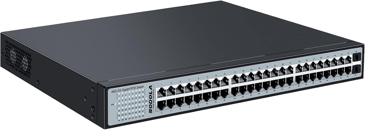 SODOLA 48 Port Gigabit PoE Switch, 600W Unmanaged Network Switch with 48 Port IEEE802.3af/at PoE, 2 x 1G SFP, Metal Rackmount Unmanaged Plug and Play Power Over Ethernet Switch