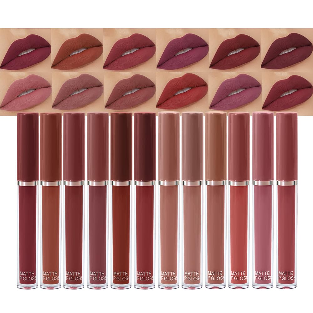 evpct 6Pcs Lipstick Matte Liquid Lipstick Lipgloss Set for Women, Dark Deep Bright Ruby Sexy Brick Red Mauve labiales mate 24 horas originales matte larga duracion 24 Hour Lipstick Long Lasting