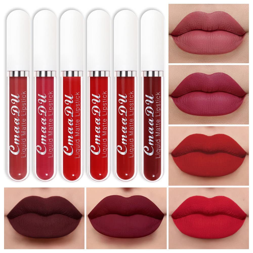 evpct 6Pcs Lipstick Matte Liquid Lipstick Lipgloss Set for Women, Dark Deep Bright Ruby Sexy Brick Red Mauve labiales mate 24 horas originales matte larga duracion 24 Hour Lipstick Long Lasting