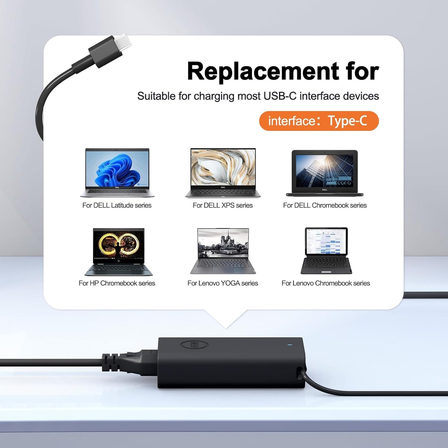 65W USB-C Compatible with Dell Laptop Charger XPS 13 and Latitude Charger 3340 3440 3540 3550 5420 5430 5520 5320 5340 5440 5550 7440 7490 7640 7410 7310 2-in-1 9440 2in1 Laptop - Power Cord Included